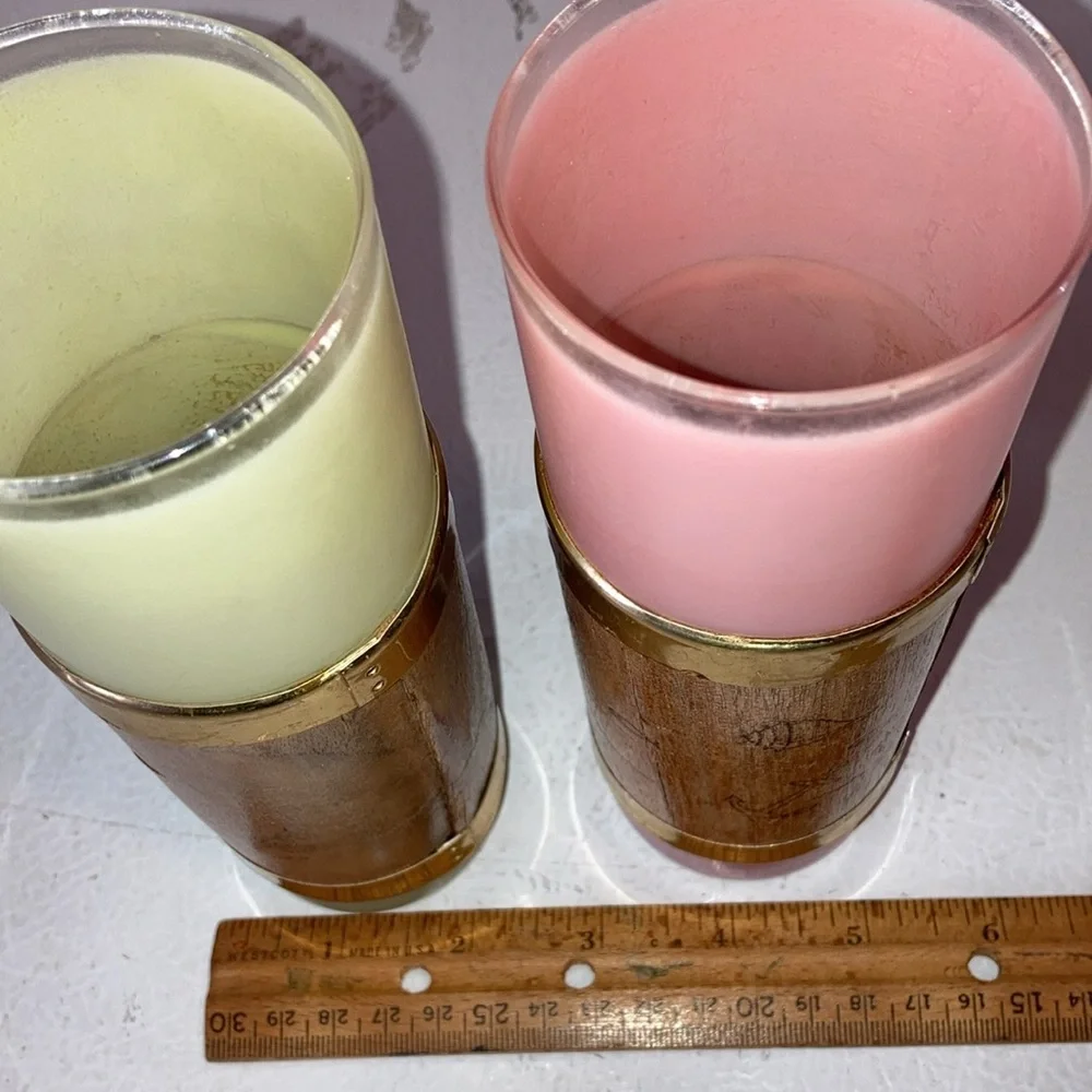 Libbey Palm Royale Tall MCM Frosted Glasses W/ Wood Tiki Bands Gold Pink Green